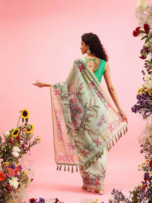 Green Cotton Blend Madhubani Printed Saree with Unstitched Blouse