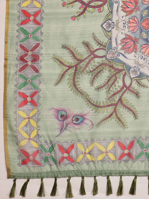 Green Cotton Blend Madhubani Printed Saree with Unstitched Blouse
