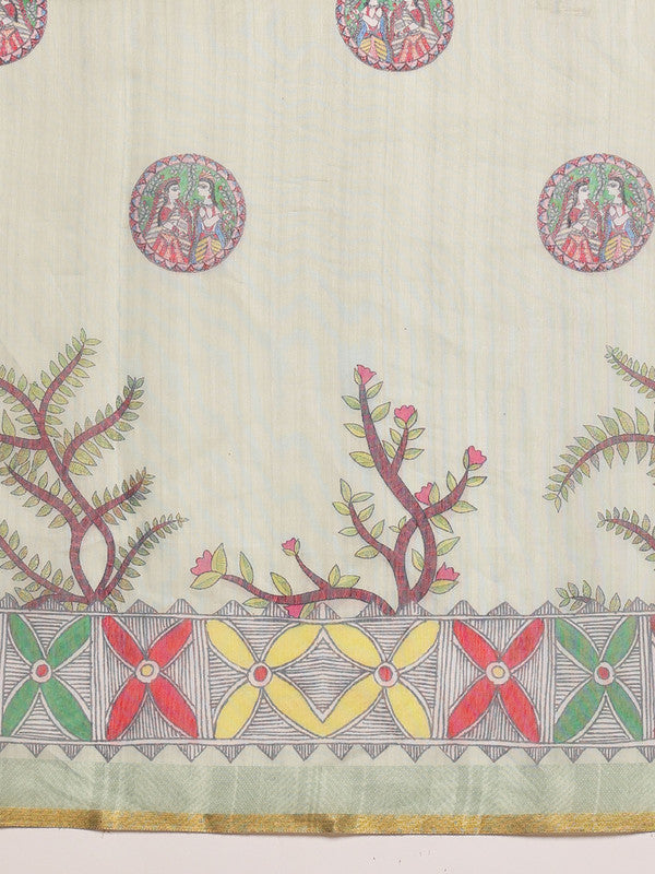 Green Cotton Blend Madhubani Printed Saree with Unstitched Blouse
