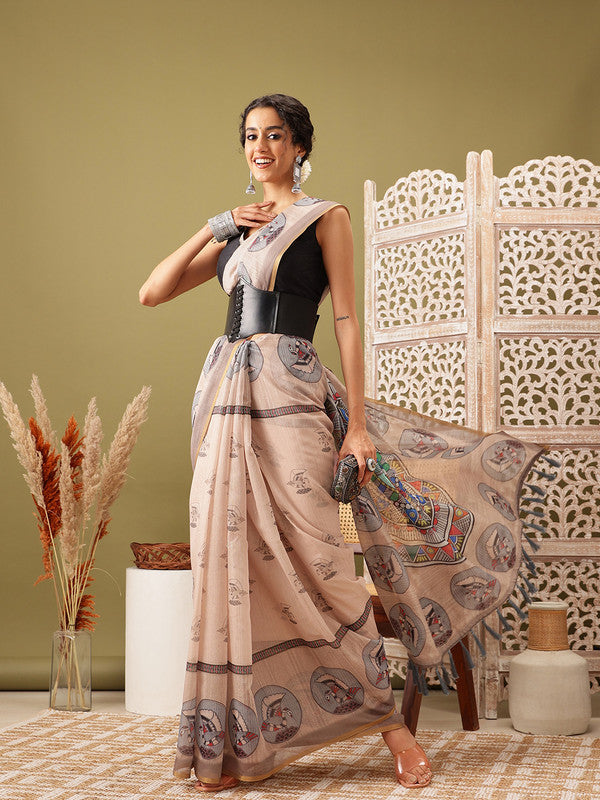 Beige cotton blend saree with traditional Madhubani print and unstitched blouse