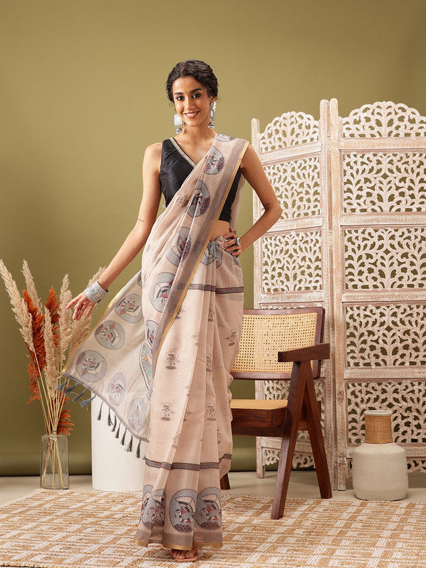 Beige Cotton Blend Madhubani Printed Saree with Unstitched Blouse