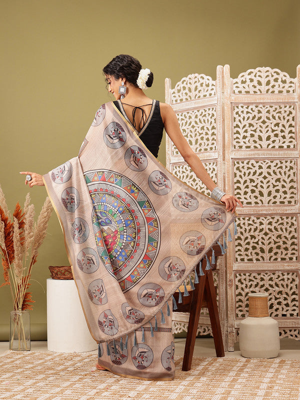 Beige Cotton Blend Madhubani Printed Saree with Unstitched Blouse