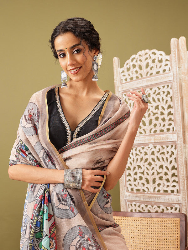 Beige Cotton Blend Madhubani Printed Saree with Unstitched Blouse