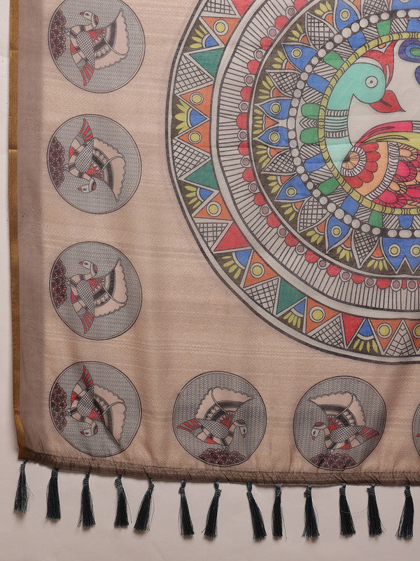 Beige Cotton Blend Madhubani Printed Saree with Unstitched Blouse