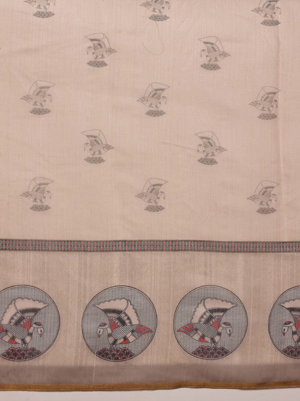 Beige Cotton Blend Madhubani Printed Saree with Unstitched Blouse