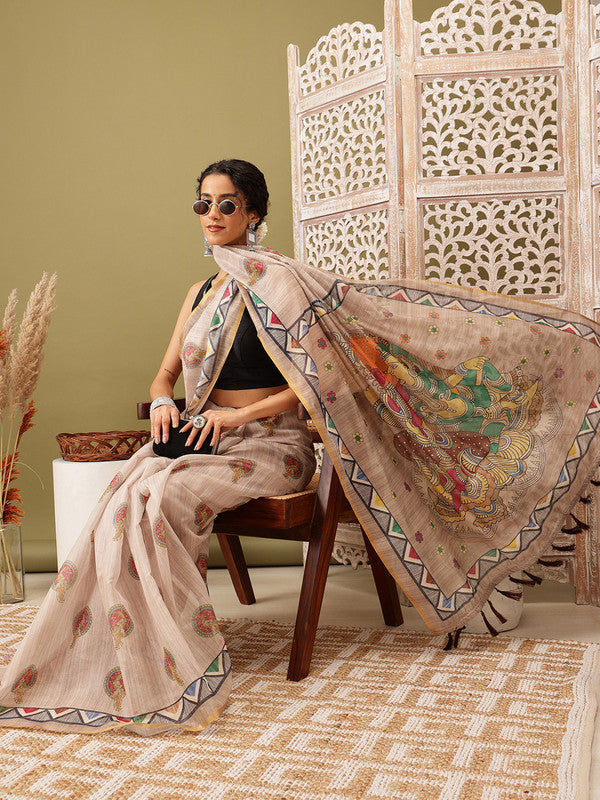 Beige cotton blend saree with detailed Madhubani print and attached unstitched blouse