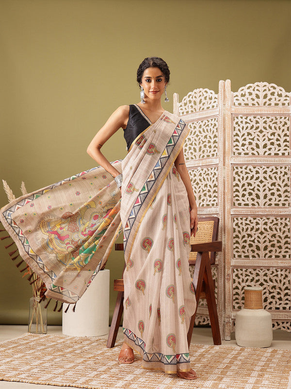 Beige Cotton Blend Madhubani Printed Saree with Unstitched Blouse