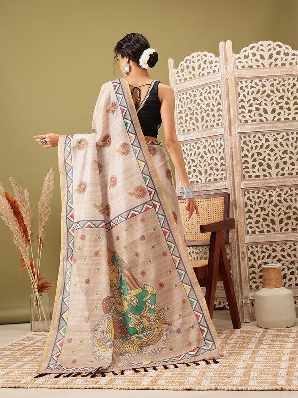 Beige Cotton Blend Madhubani Printed Saree with Unstitched Blouse
