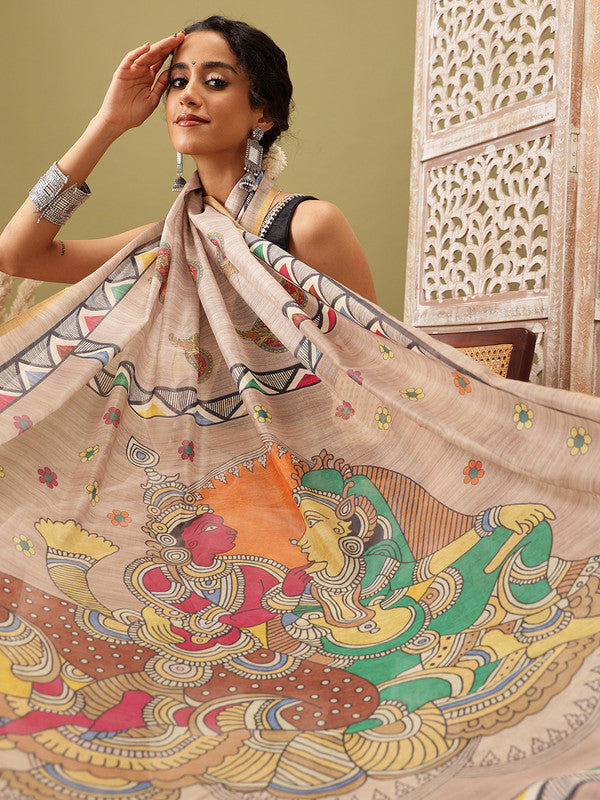 Beige Cotton Blend Madhubani Printed Saree with Unstitched Blouse