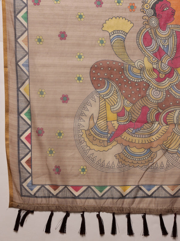 Beige Cotton Blend Madhubani Printed Saree with Unstitched Blouse