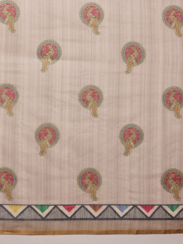 Beige Cotton Blend Madhubani Printed Saree with Unstitched Blouse