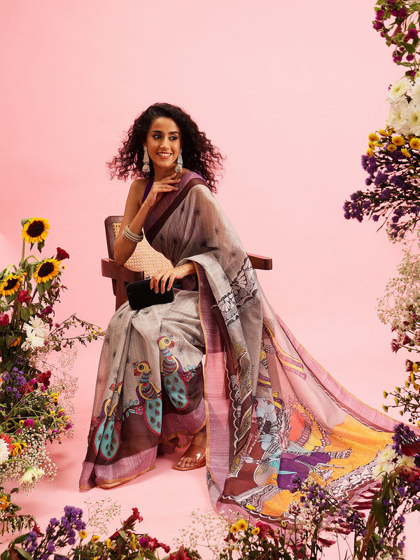 Gray cotton blend saree with traditional Madhubani prints and matching unstitched blouse