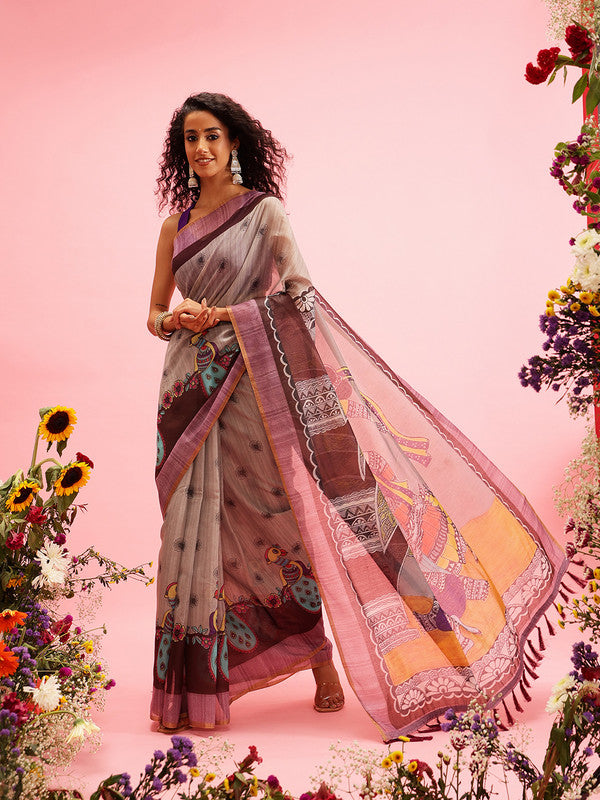 Gray Cotton Blend Madhubani Print Saree with Blouse Piece
