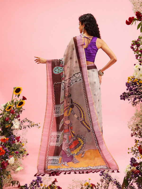 Gray Cotton Blend Madhubani Print Saree with Blouse Piece