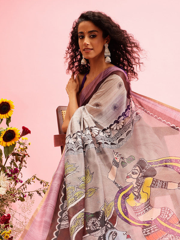 Gray Cotton Blend Madhubani Print Saree with Blouse Piece