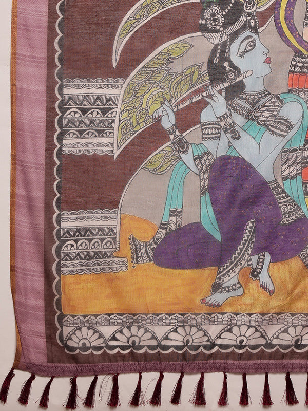 Gray Cotton Blend Madhubani Print Saree with Blouse Piece