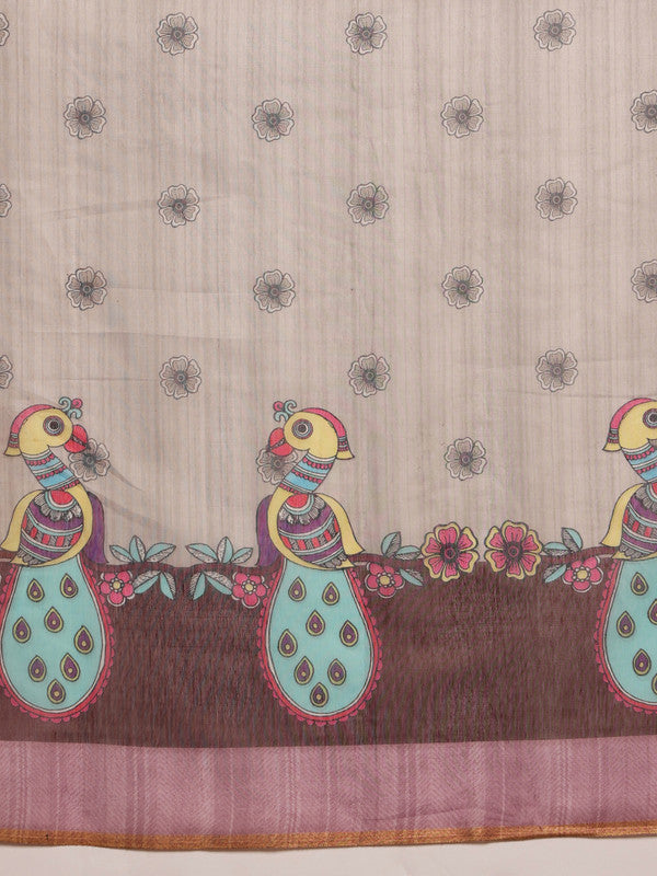 Gray Cotton Blend Madhubani Print Saree with Blouse Piece