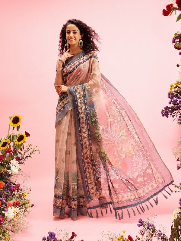 Beige Cotton Blend Madhubani Printed Saree with Blouse Piece