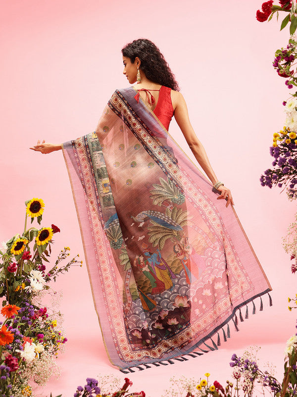 Beige Cotton Blend Madhubani Printed Saree with Blouse Piece