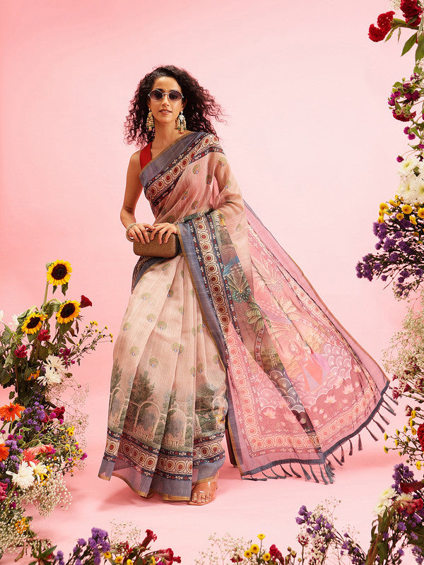 Beige Cotton Blend Madhubani Printed Saree with Blouse Piece