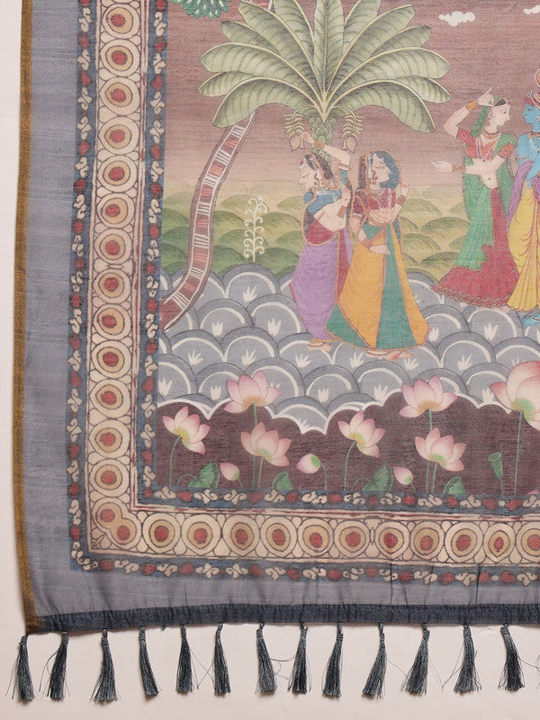 Beige Cotton Blend Madhubani Printed Saree with Blouse Piece
