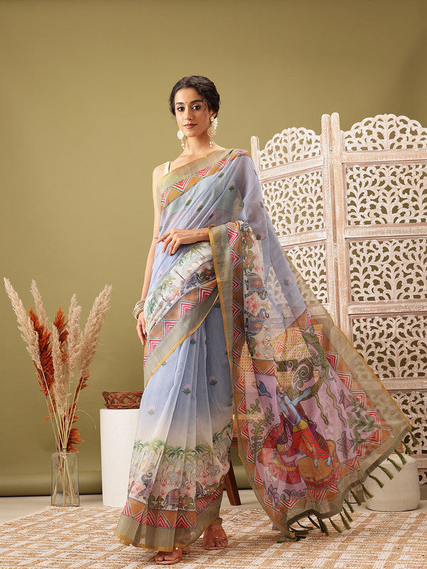 Gray cotton blend saree featuring artistic Madhubani prints and matching unstitched blouse