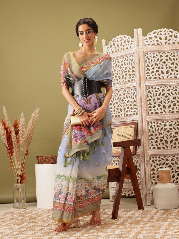 Gray Cotton Blend Madhubani Printed Saree with Unstitched Blouse