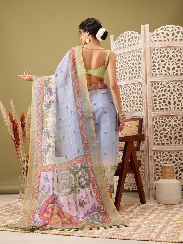 Gray Cotton Blend Madhubani Printed Saree with Unstitched Blouse