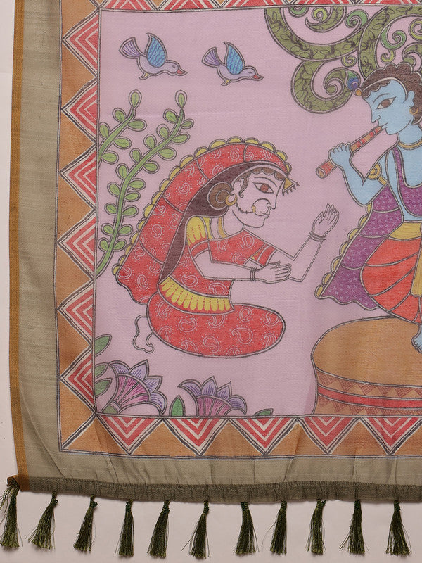 Gray Cotton Blend Madhubani Printed Saree with Unstitched Blouse
