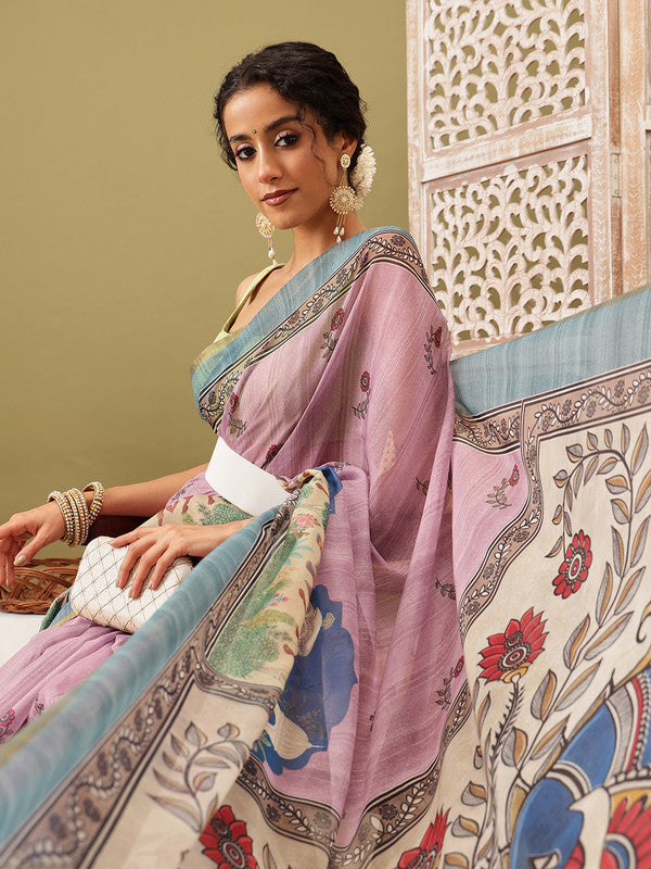 Pink Cotton Blend Saree with traditional Madhubani print and matching blouse