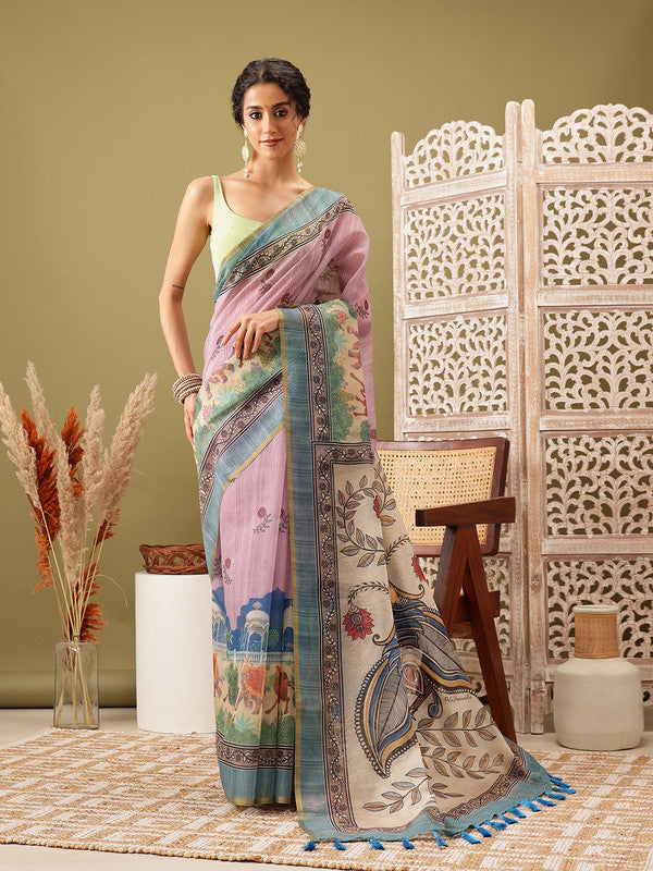 Pink Cotton Blend Madhubani Printed Saree with Blouse