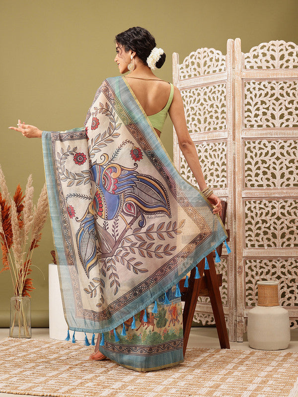 Pink Cotton Blend Madhubani Printed Saree with Blouse