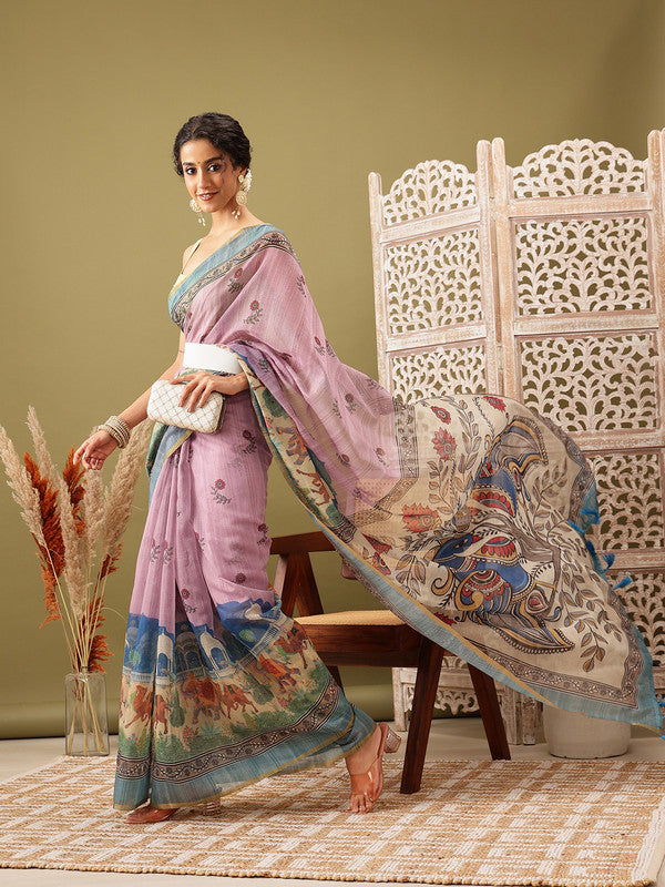 Pink Cotton Blend Madhubani Printed Saree with Blouse