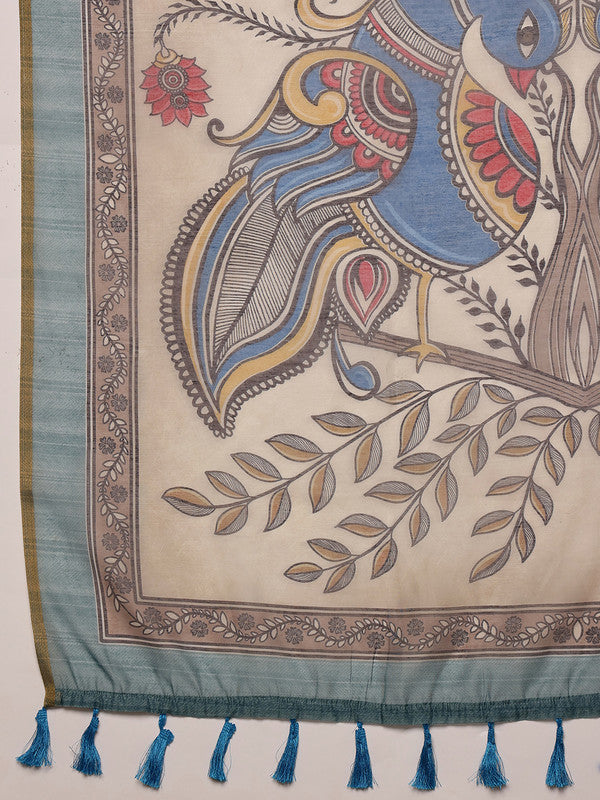 Pink Cotton Blend Madhubani Printed Saree with Blouse
