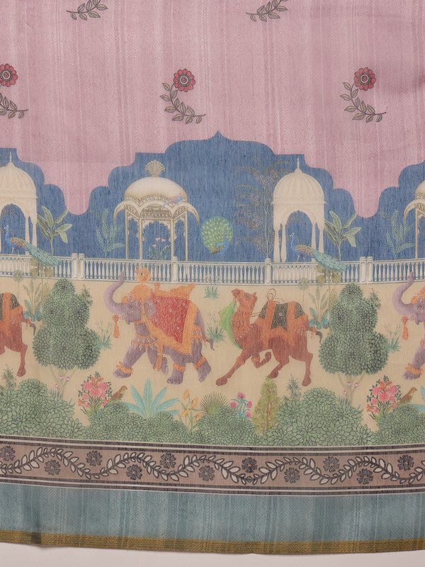 Pink Cotton Blend Madhubani Printed Saree with Blouse