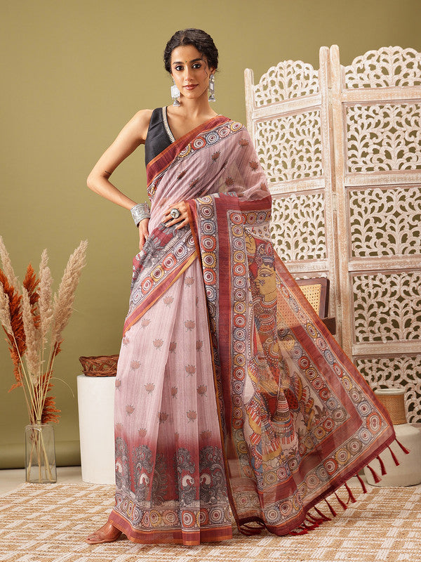 Rust Cotton Blend Madhubani Printed Saree with Blouse Piece
