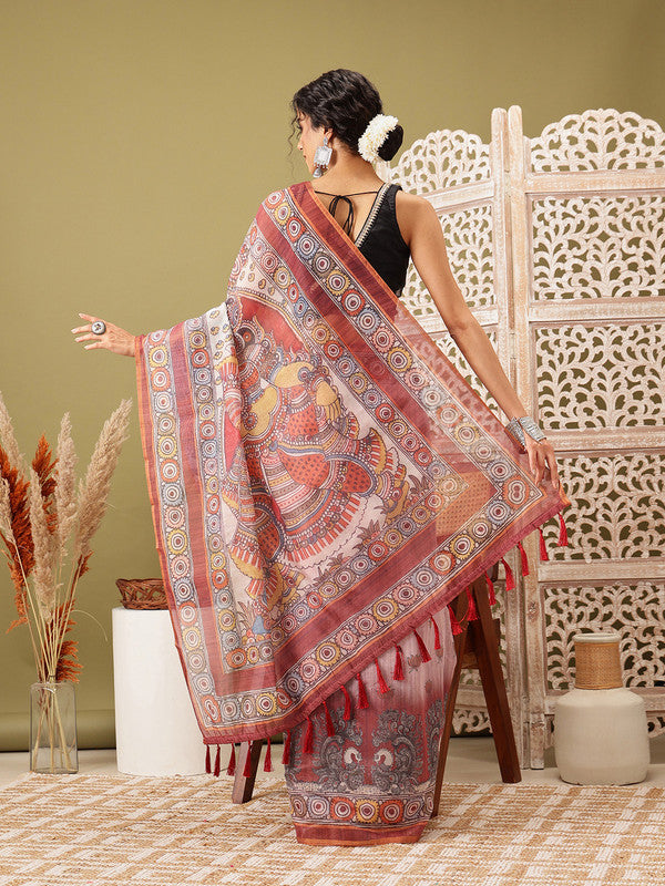 Rust Cotton Blend Madhubani Printed Saree with Blouse Piece