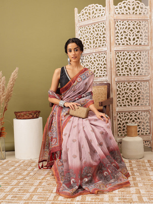 Rust Cotton Blend Madhubani Printed Saree with Blouse Piece