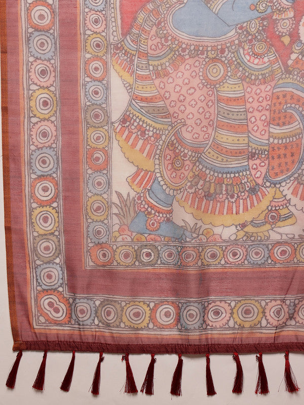 Rust Cotton Blend Madhubani Printed Saree with Blouse Piece