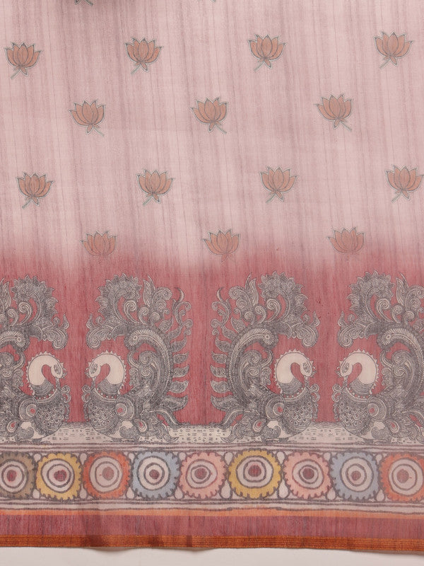 Rust Cotton Blend Madhubani Printed Saree with Blouse Piece