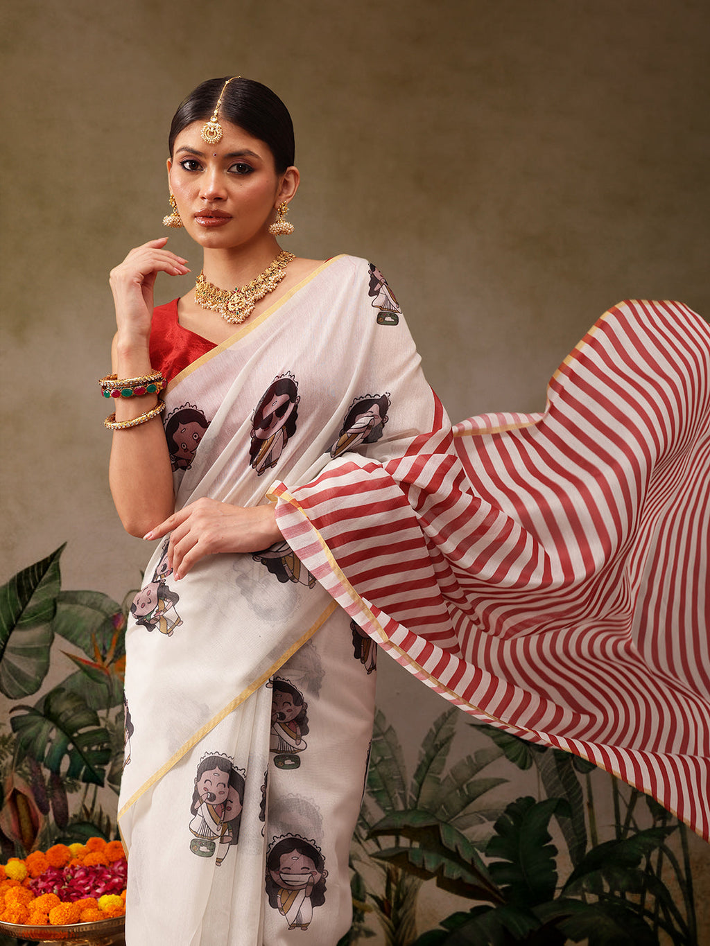 Beige Chanderi Cotton Blend Abstract Digital Print Saree