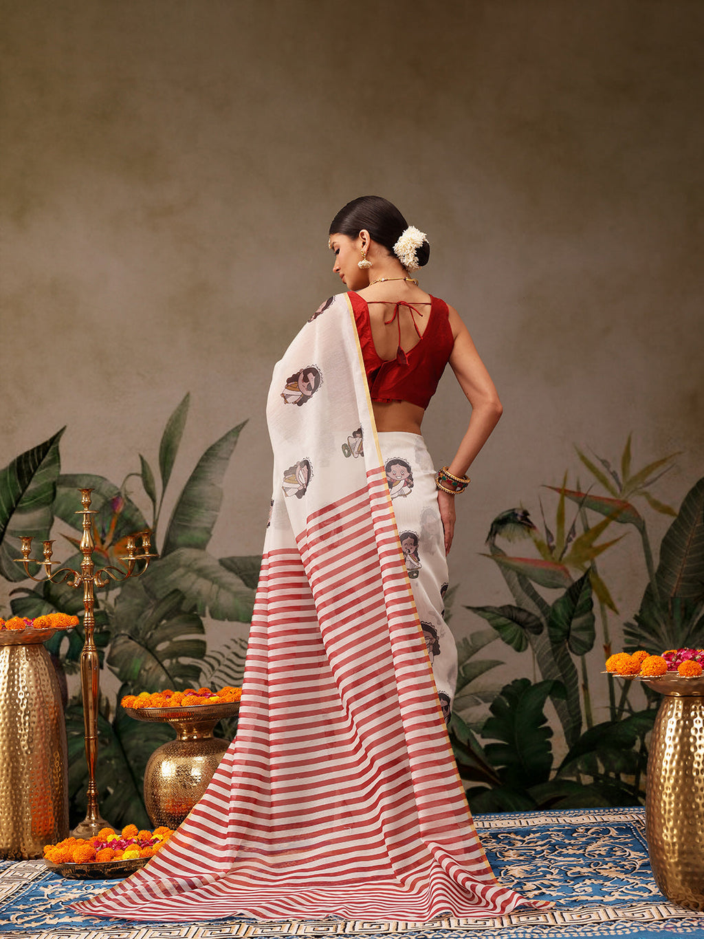 Beige Chanderi Cotton Blend Abstract Digital Print Saree