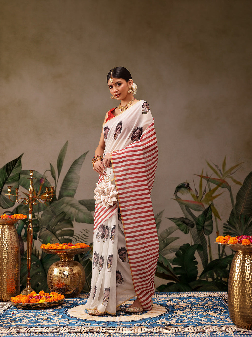 Beige Chanderi Cotton Blend Abstract Digital Print Saree