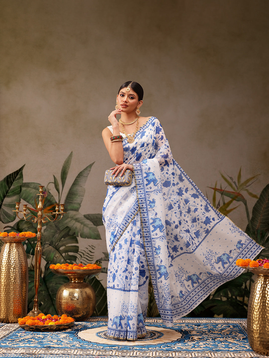 White Chanderi cotton blend saree with vibrant floral digital print