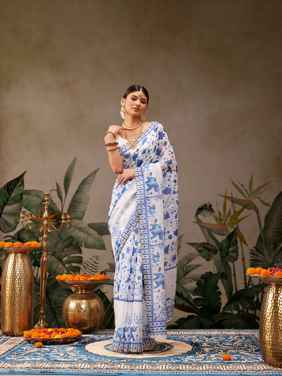 White Chanderi Cotton Blend Saree with Floral Digital Print