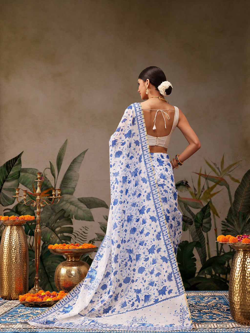 White Chanderi Cotton Blend Saree with Floral Digital Print