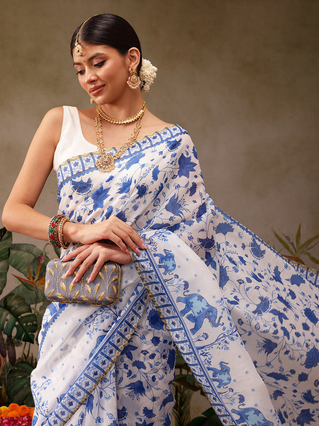 White Chanderi Cotton Blend Saree with Floral Digital Print