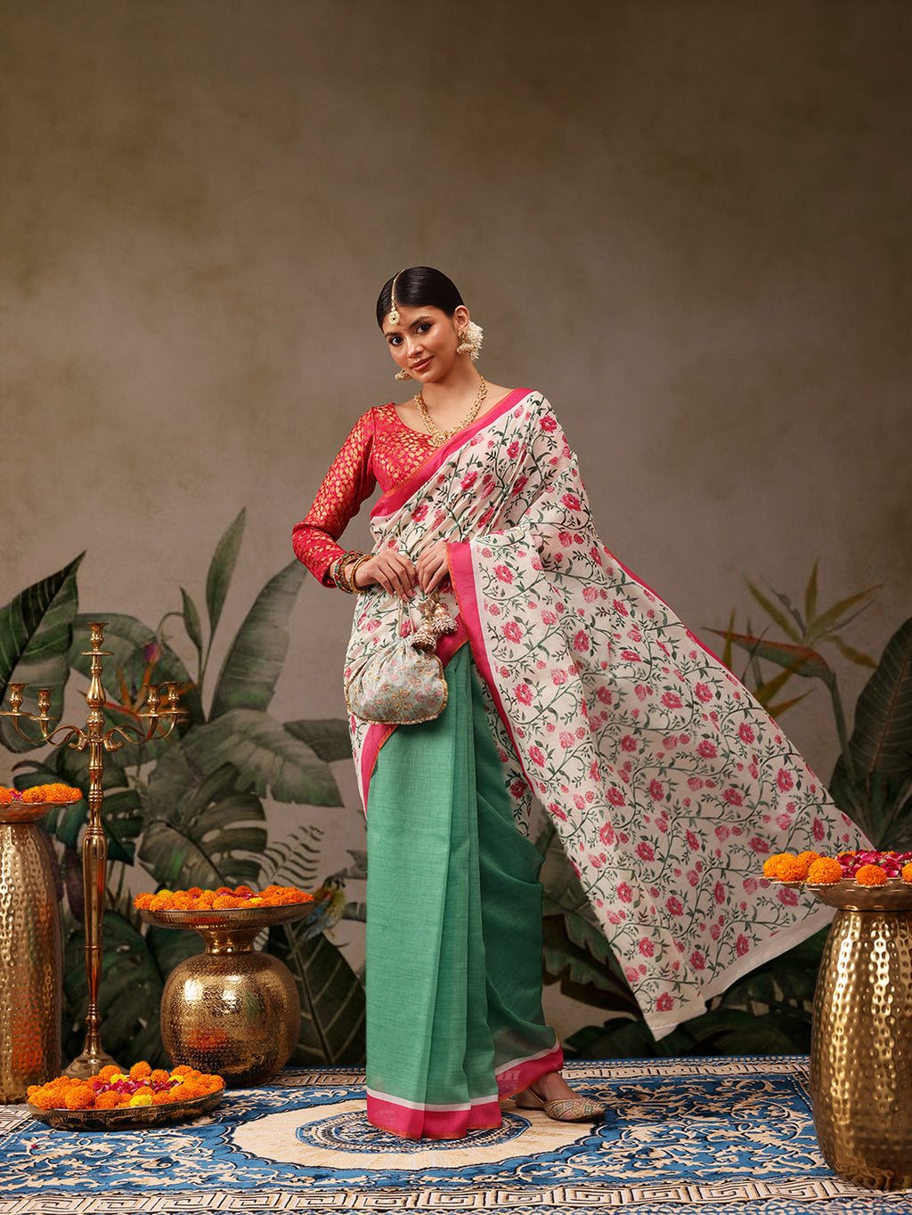 Green Chanderi Cotton blend saree featuring a beautiful floral digital print