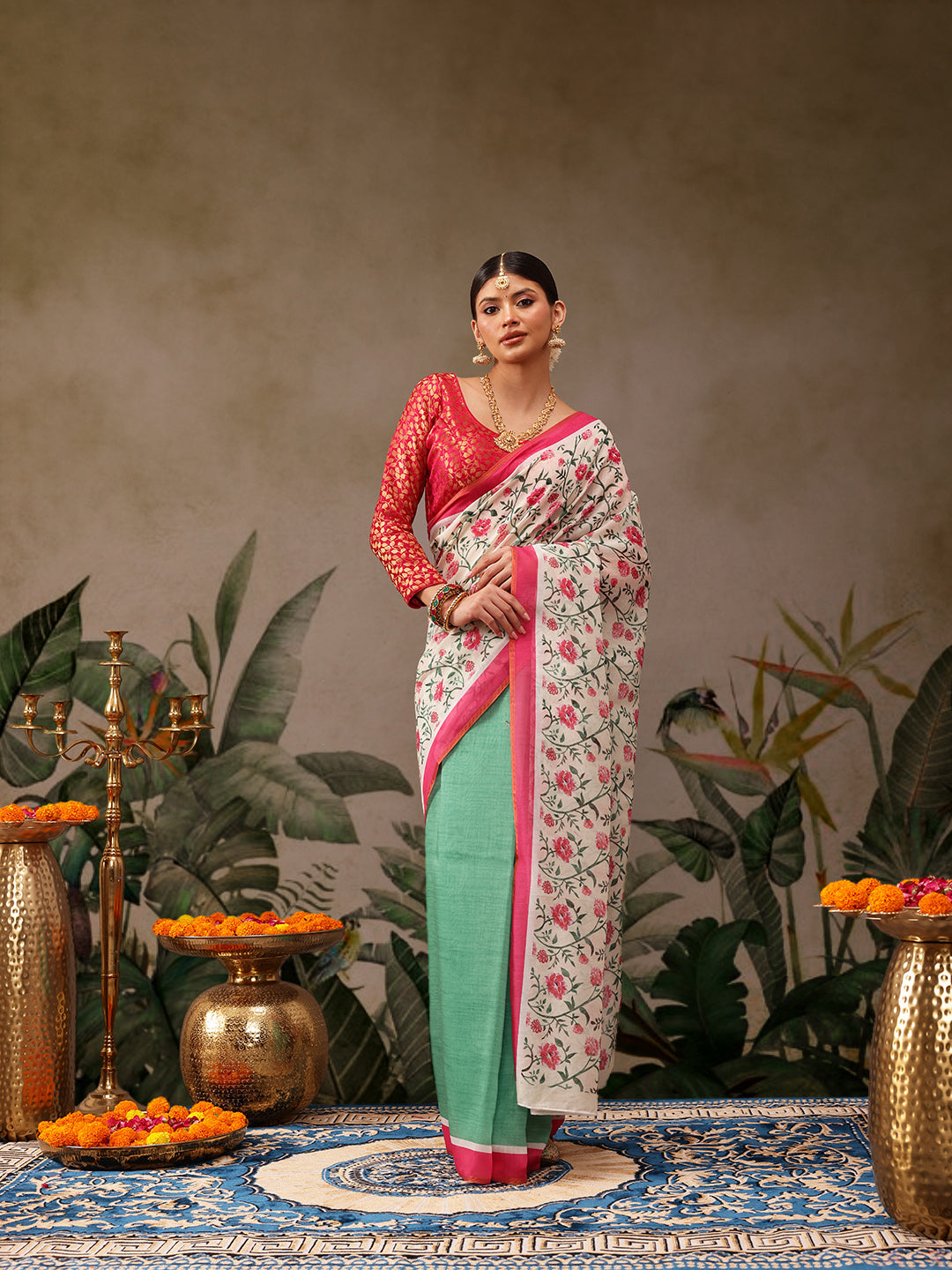 Green Chanderi Cotton Blend Saree with Floral Digital Print