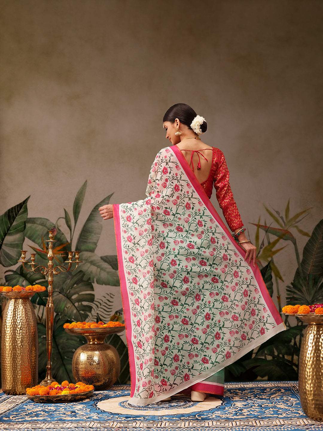 Green Chanderi Cotton Blend Saree with Floral Digital Print